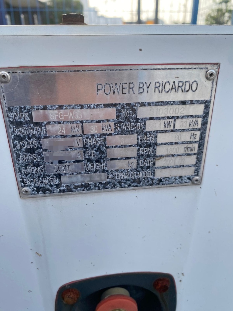 Gerador de Energia Ricardo Diesel 33 kVA ano 2021