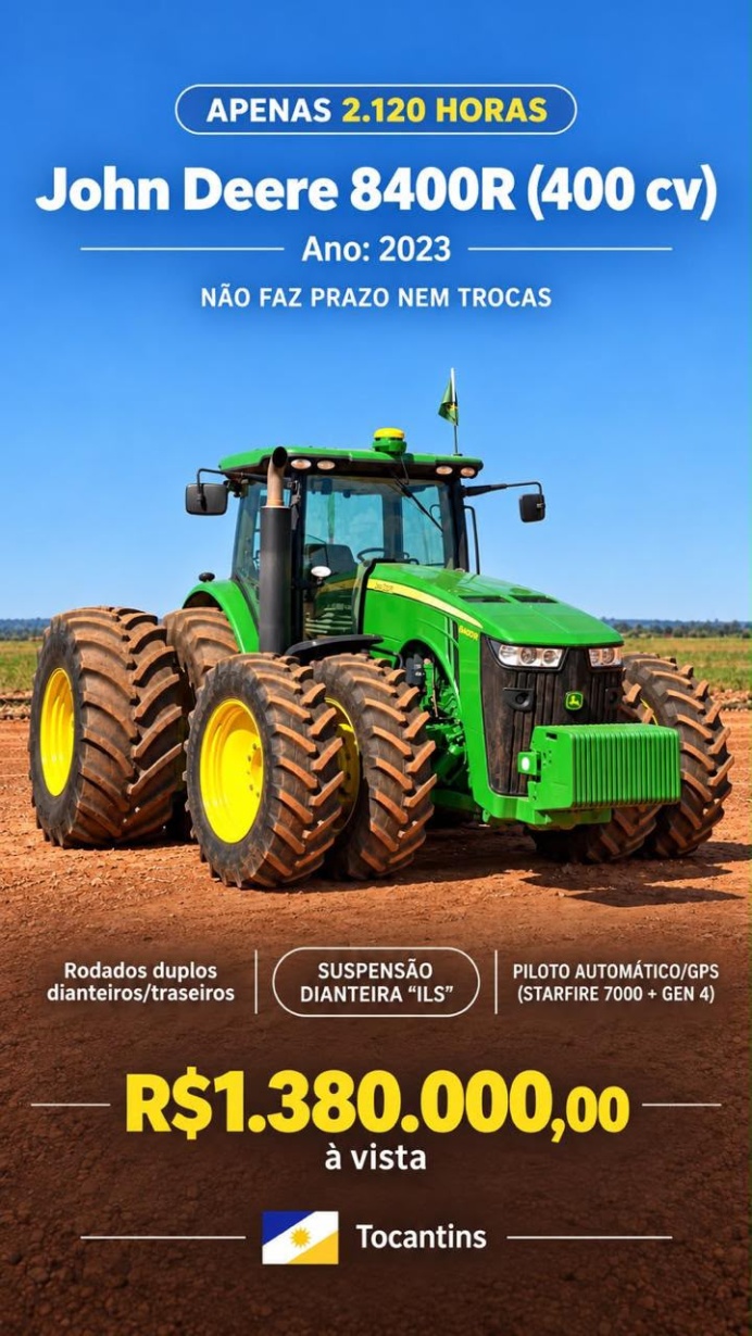 Trator John Deere 8400R ano 2023